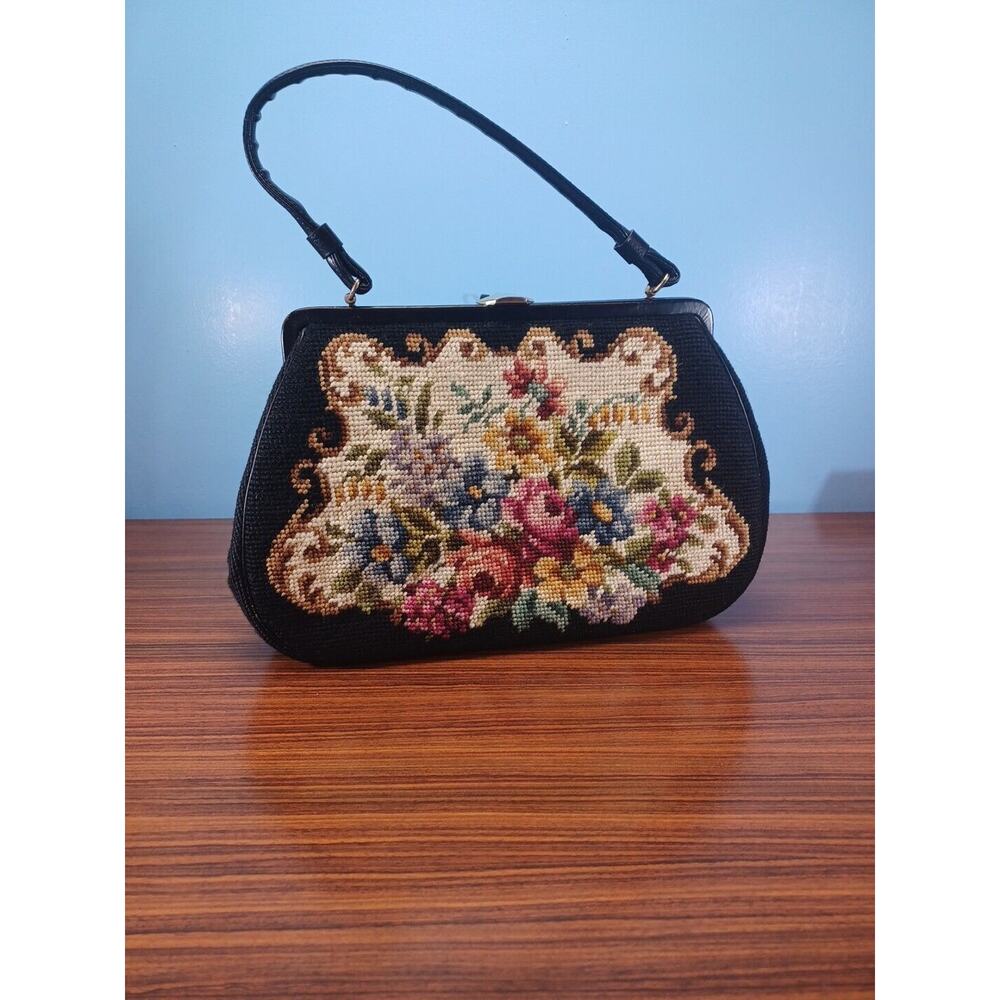 Vintage Needlepoint Embroidery Floral/Flowers Purse Handbag Top Clasp W/Receipt - Picture 1 of 14